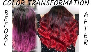 COLOR TRANSFORMATION  VIBRANT HAIR COLOR TUTORIAL  From PURPLE To RED Matrix Socolor Cult [upl. by Fernas702]