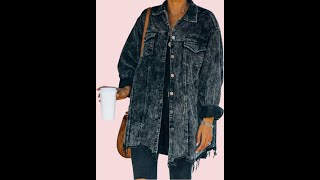 Hixiaohe Womens Casual Oversized Button Down Corduroy Shirt Jacket Coat Washed Retro Shacket [upl. by Grewitz]