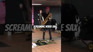 LEO P makes a Screaming House Sax Bari  Lucky Chops Throwback subway busking saxophone shorts [upl. by Ahsatam]