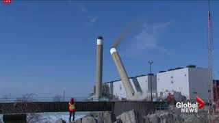 Twin chimneys demolished at Nanticoke station near Lake Erie [upl. by Lunnete]