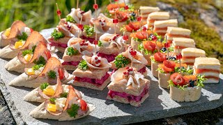 Canapes tricks for you Mini sandwich baguette baskets square and tortilla with salmon [upl. by Lechner]