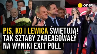 Kaczyński Tusk i Hołownia świętują Tak partie reagują na wyniki exit poll [upl. by Nednerb]