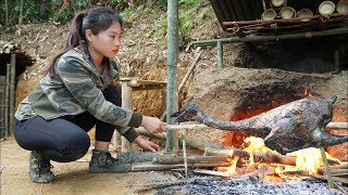 200 days of survival in the wild processing wild boar meat hunting wild chicken at night [upl. by Icul]