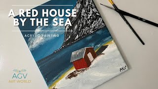 How to paint a beautiful mountain landscapered house by the seaAcrylic painting painting art [upl. by Arytal579]