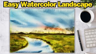 30 minute Watercolor Landscape Quick One Layer Technique [upl. by Ehc]