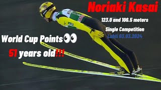 Noriaki Kasai 🇯🇵 1230 amp 1065 meters  Single Competition Lahti 🇫🇮 03032024  WC Points at 51 yo [upl. by Walls648]