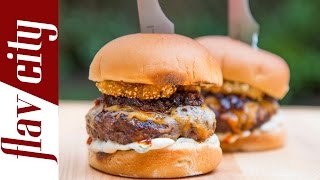 Ultimate BBQ Bacon Cheeseburger Recipe  FlavCity with Bobby [upl. by Leroj]