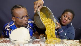 ASMR RICE AND CASSAVA FUFU WITH OGBONO SOUPBRINGING POT TO THE TABLE AFRICAN FOOD MUKBANG [upl. by Erasaec]