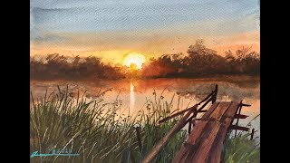 Watercolor painting tutorial  Sunset scene [upl. by Saval6]