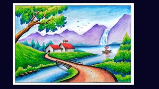 Oilpastel Scenery Drawing  Beautiful Scenery Drawing  Hill with River Scenery Drawing [upl. by Aihsenat]