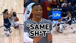 Russell Westbrook sick of James Harden foul baiting so throws him to the floor 😳 [upl. by Maxentia224]