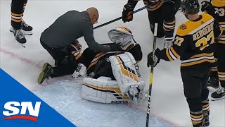 Tuukka Rask Has To Be Helped Off The Ice After Filip Chytil Slams Into Him During Goal [upl. by Alcus]