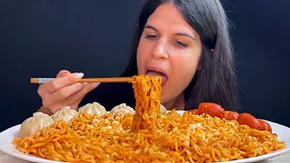 SPICY BULDAK NOODLES SAUSAGE DUMPLINGS  MUKBANG  ASMR  EATING SOUNDS [upl. by Ardnuasak]