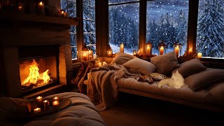 Light Snowstorm and Crackling Fire with Candles  With Winter Wonderland View  Sleep Relax Study [upl. by Ailadgim]