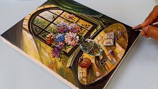 Painting A stunning Vase Of Flowers 🌺 🌺And Sunrays Acrylic Painting For Beginners [upl. by Ahsinad]