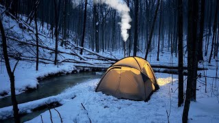 Hot Tent Camping in Freezing Rain  Snowy Valley by a Stream [upl. by Juta]