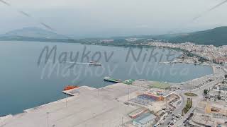 Igoumenitsa Greece Lefkimmi Lines ferry moored to the dock for unloading Stable Aerial View [upl. by Dot]