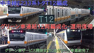 【中央線E233系トタT12編成グリーン車増結して12両編成で運用復帰・中央線E233系12両編成4編成目の運用開始】グリーン車サービス開始するまでにはグリーン車連結完了 [upl. by Hijoung]