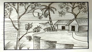 How to Draw sunset scenery with pencil🖍️easy sunset scenery drawing [upl. by Atima]