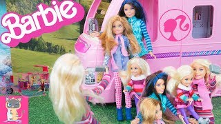 Barbie goes Camping with her Sisters Skipper Chelsea Stacie in the new Barbie Camper Van RV Vehicle [upl. by Eelamme]