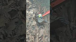 A worker on the bucket of a crawler excavator pulls something out of a rock with the bucket [upl. by Assirol]