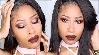 FALL BOMBSHELL MAKEUP ➟ Gold Glitter Eyes  Chocolate Lips [upl. by Ycnahc]