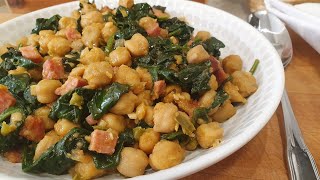 RECETA EN 10 MINUTOS  Garbanzos salteados con espinacas y jamón [upl. by Ahseken]