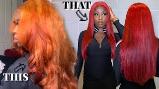 I TURNED MY ORANGE WIG FIRE ENGINE RED IN 1 STEP  RED WIG TRANSFORMATION USING WATER COLOR METHOD [upl. by Winterbottom]