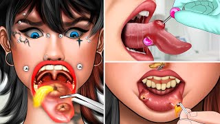 ASMR Treating Inflammation tongue piercings popping pus animation Body modification [upl. by Lemal]