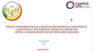 ADB CEFEB  INFORMATION DE L’AFMEF BÉNIN SUR LAPPEL A CANDIDATURES AU MASTER MODEV 202324 [upl. by Mylor]