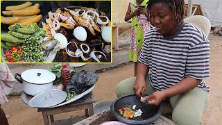 AFRICAN Ghanaian Cooking Taro leaves stew Kontomire and plantain AMPESI in West Africa [upl. by Zsa]