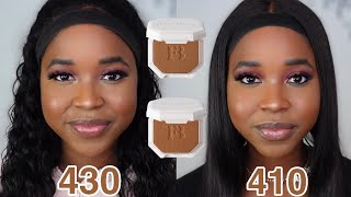 LETS COMPARE NEW FENTY BEAUTY POWDER FOUNDATION REVIEW ON DARK SKIN  SHADES 410 420 amp 430 [upl. by Rutan]