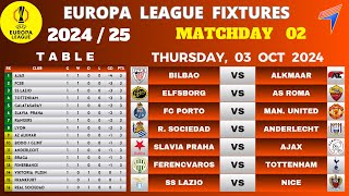 EUROPA LEAGUE FIXTURES  Matchday 2 • EUROPA Table Standings Today • EUROPA Fixtures Today 202425 [upl. by Streeter]