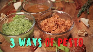 HOMEMADE PESTO  3 WAYS Genovese pesto Sundried tomato pesto Burnt walnut pesto [upl. by Htezzil]