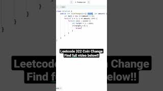 Leetcode 322 Coin Change shorts leetcode dynamicprogramming java programming [upl. by Eelinnej]