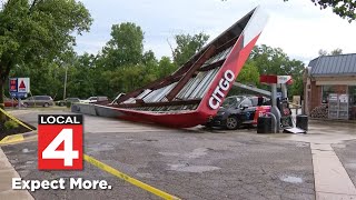 Heavy wind damage causes collapse of gas station awning during storm in Farmington Hills [upl. by Oniluap593]