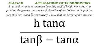 A vertical tower is surmounted by a flag staff of height h mProve height of tower h tanαtanβtanα [upl. by Coppock]