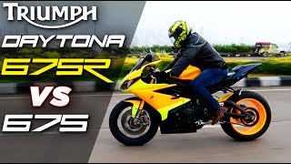 Triumph Daytona 675 VS 675R  Comparison Test Ft Rough Rider [upl. by Afinom]