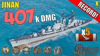 DAMAGE RECORD Jinan 5 Kills amp 407k Damage  World of Warships Gameplay [upl. by Ellenhoj]