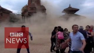 Nepal earthquake Video shows terrified tourists as the temple collapses  BBC News [upl. by Nyraa884]