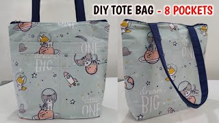 DIY Easy Tote Bag  8 POCKETS  How make handbag at home for daily uses  Bag cutting and stitching [upl. by Uis]