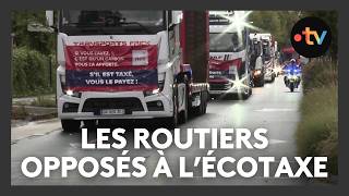 Taxe sur les poids lourds en Alsace  en colère les transporteurs routiers bloquent lautoroute [upl. by Ahtis]