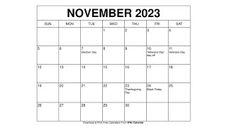 Printable November 2023 Calendar Templates With Holidays  Wiki Calendar [upl. by Gabie845]