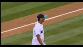 RUSSELL WILSON PITCHES AT MARINERS GAME [upl. by Nawyt]