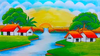 How to Draw Easy Beautiful Landscape Village Drawing  Waterfall Drawing  Sunset Drawing [upl. by Senn]