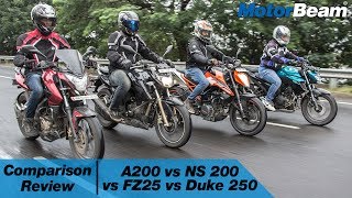 Apache 200 vs Pulsar NS 200 vs Yamaha FZ25 vs KTM Duke 250  Comparison Review  MotorBeam [upl. by Sophronia]