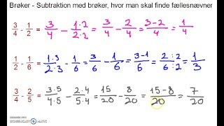 Brøker  Subtraktion med brøker hvor man skal finde fællesnævner [upl. by Aicilef]