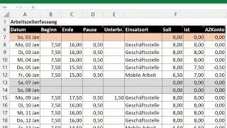 Excel automatische Arbeitszeiterfassung erstellen  Vorlage Zeiterfassung mit Überstunden Feiertage [upl. by Ezalb]