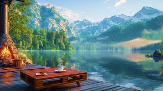 Warm Jazz Piano Music Outdoor Coffee Cafe 🎹 Cozy Lake Mountain Ambience for Stress Relief ☕ [upl. by Lundquist]