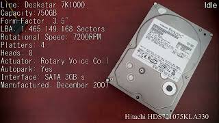 Hitachi HDS721075KLA330 750GB 2007  Hard Drive Sounds [upl. by Malissia]